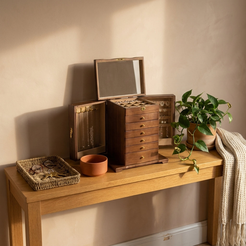Vintage solid wood 7-layer jewelry box side profile on entry console with daylight showing brass-tone hardware details