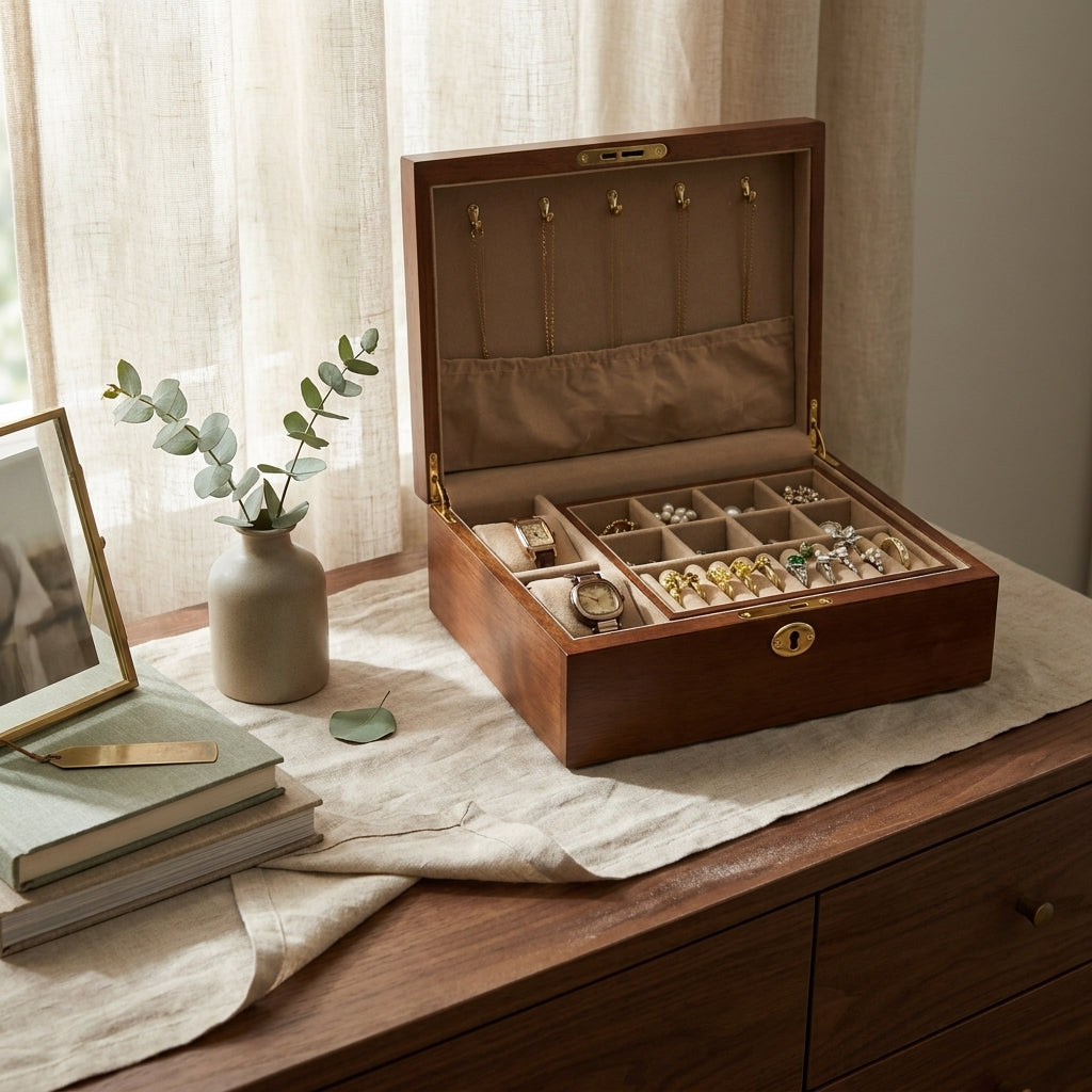 Vintage solid wood carved brass hardware 2-layer jewelry box at three-quarter angle on bedroom dresser with warm light and velvet lining
