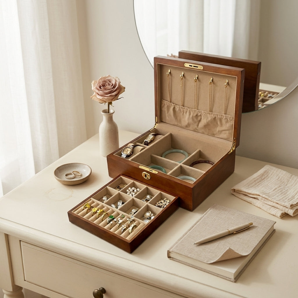 Vintage solid wood carved brass hardware 2-layer jewelry box top-down on vanity with soft mirror lighting showing natural wood and velvet-lined tray