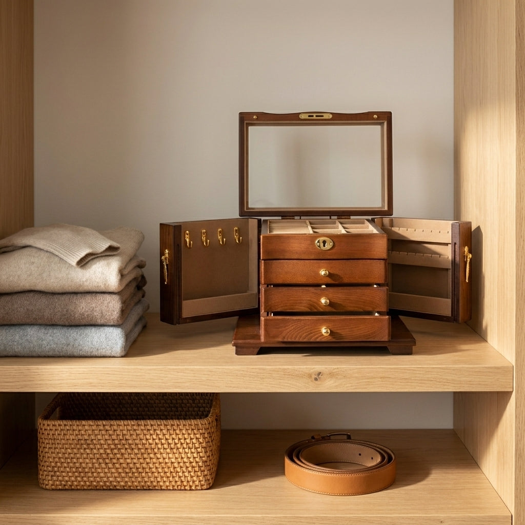 Close-up of vintage solid wood rectangular jewelry box with antique brown lining on oak shelf inside wardrobe