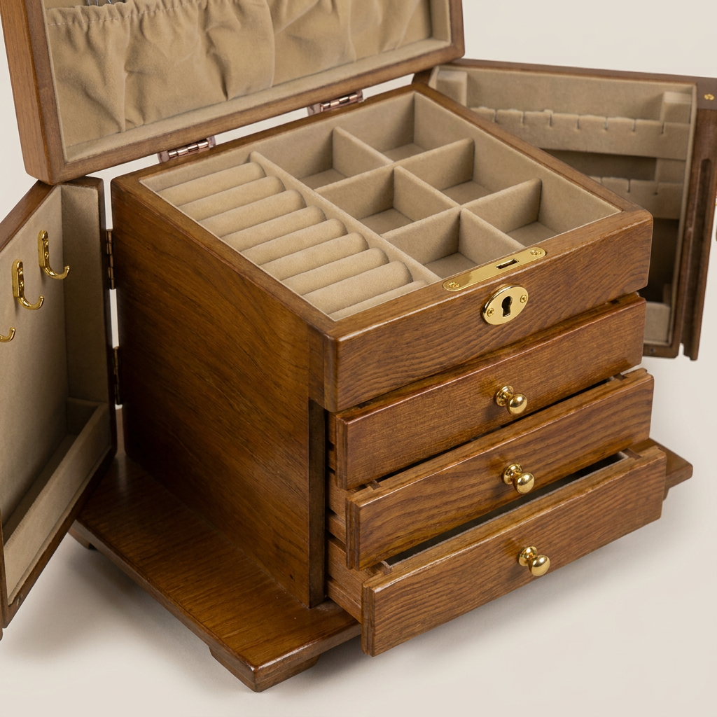 Close-up detail of vintage solid wood rectangular jewelry box showing antique finish with black lining and brass hardware