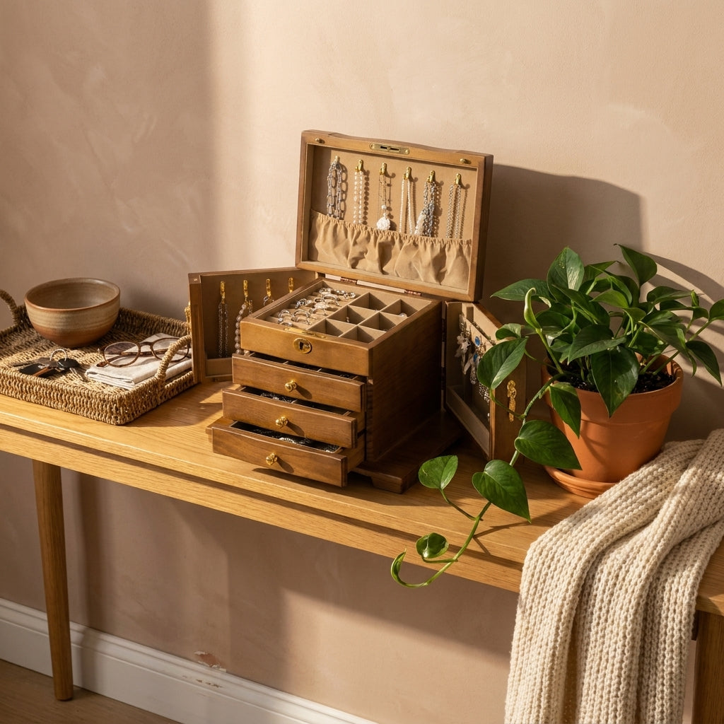 Vintage solid wood rectangular jewelry box shown side profile with antique brown lining on entry console under daylight