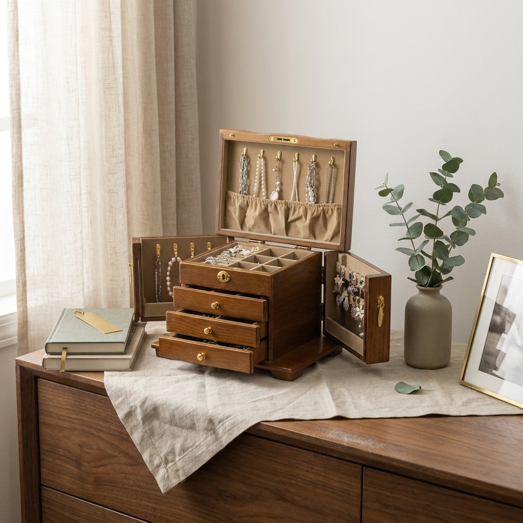 Vintage solid wood jewelry box at three-quarter angle with brown lining placed on bedroom dresser in morning light