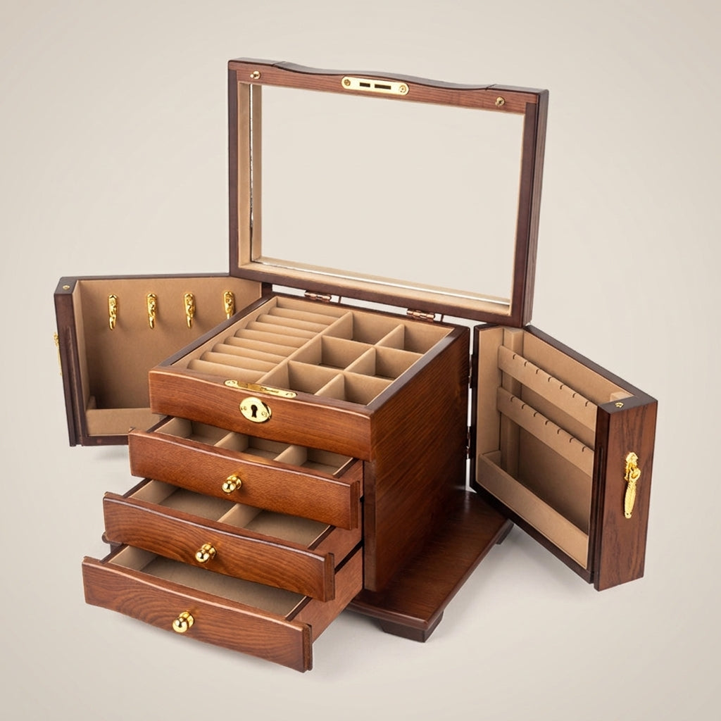 Three-quarter angle of solid wood vintage rectangular jewelry box with antique brown lining and brass hardware