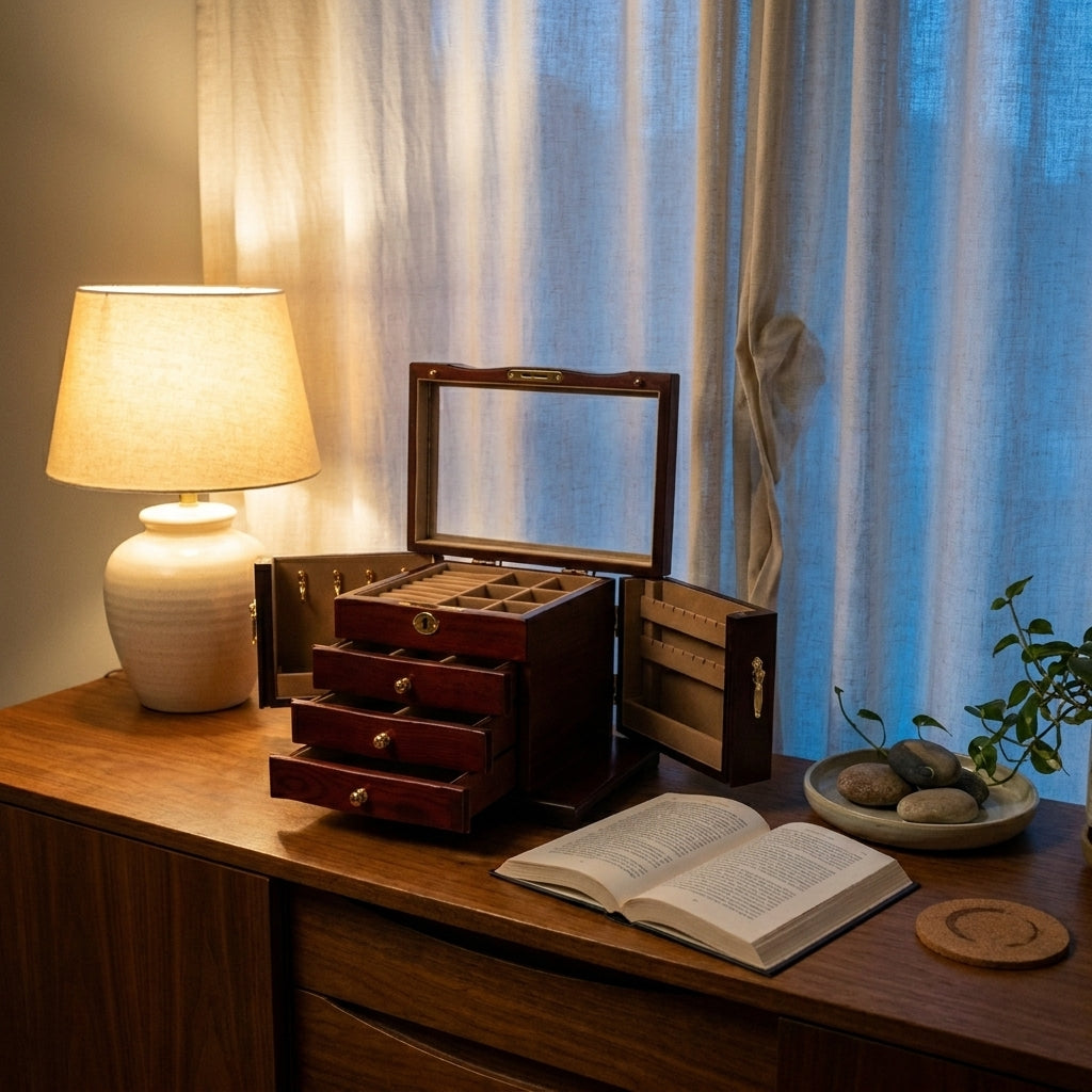 Vintage solid wood jewelry box in wine red finish with brown lining shown at three-quarter angle on living sideboard at dusk