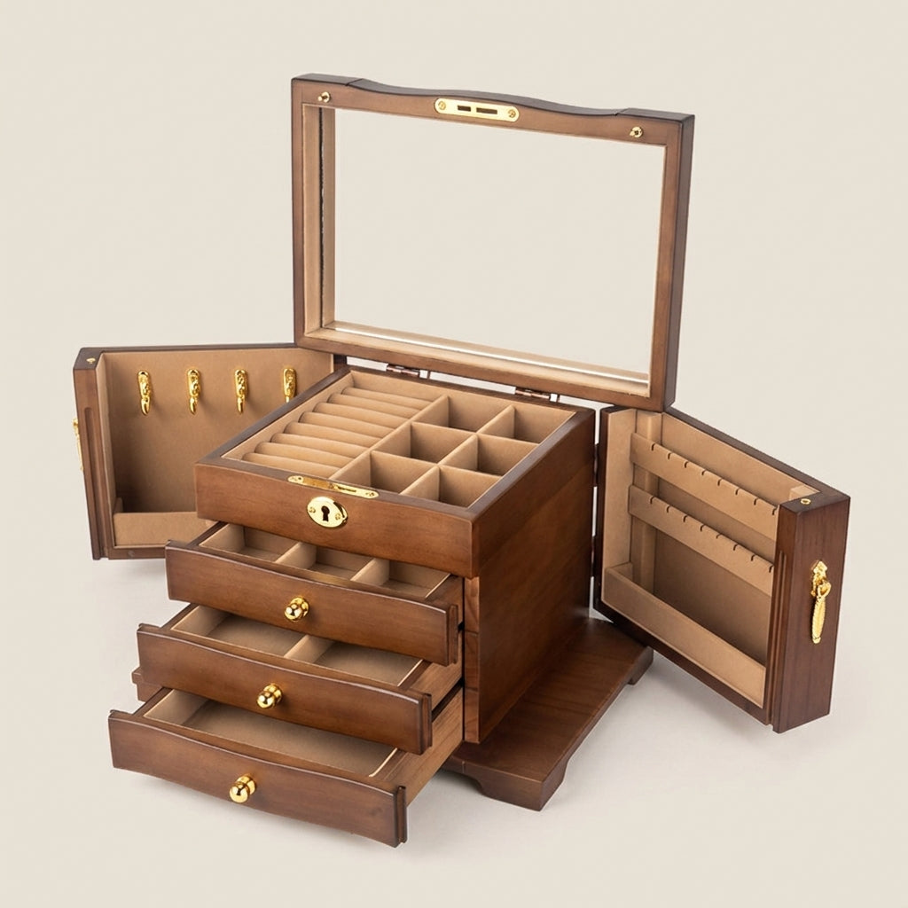 Three-quarter close-up of deluxe vintage solid wood rectangular jewelry box with antique black lining and brass hardware
