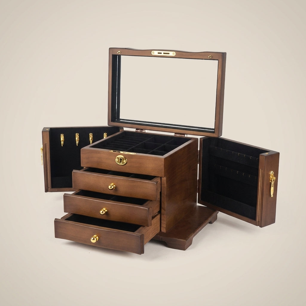 Top-down angled view of solid wood vintage rectangular jewelry box with antique brown lining showing open drawers