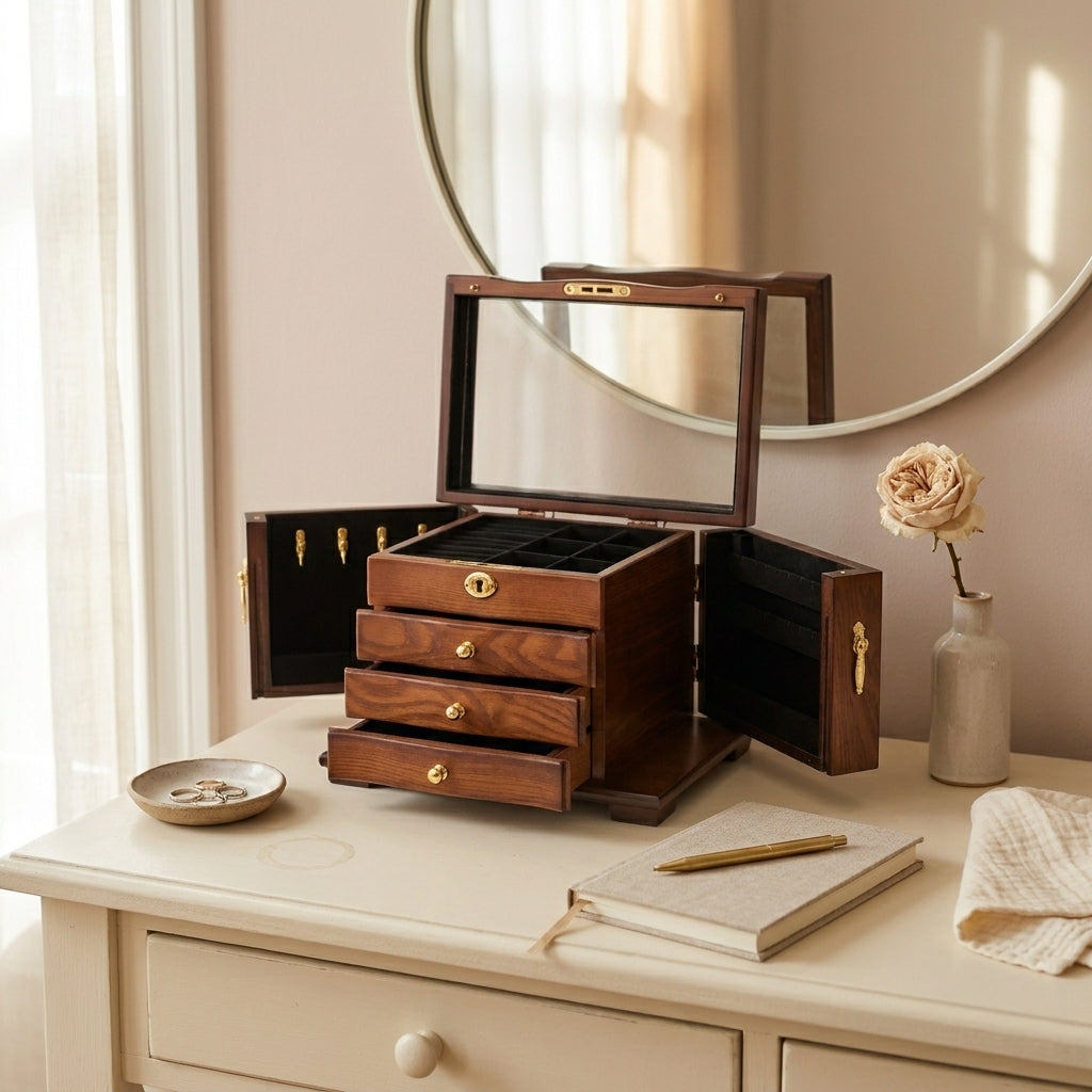 Vintage solid wood jewelry box shown top-down with cream finish and pink lining on vanity near soft mirror light