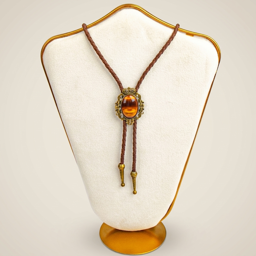 Vintage Western bolo tie with amber oval cabochon stone and aged brass pendant shown side profile on black rope chain with adjustable clasp
