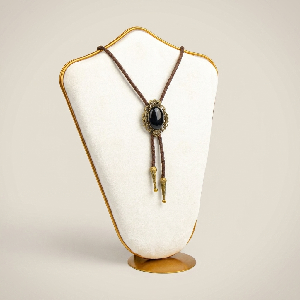 Vintage Western bolo tie featuring black onyx oval cabochon stone with aged brass geometric pendant at three-quarter angle
