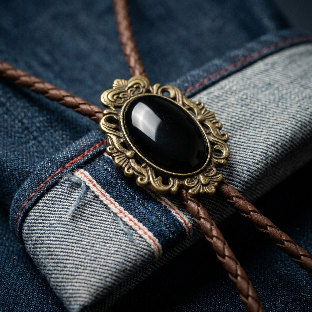 Close-up lifestyle shot of vintage Western bolo tie highlighting oval cabochon stone in natural light on black rope chain