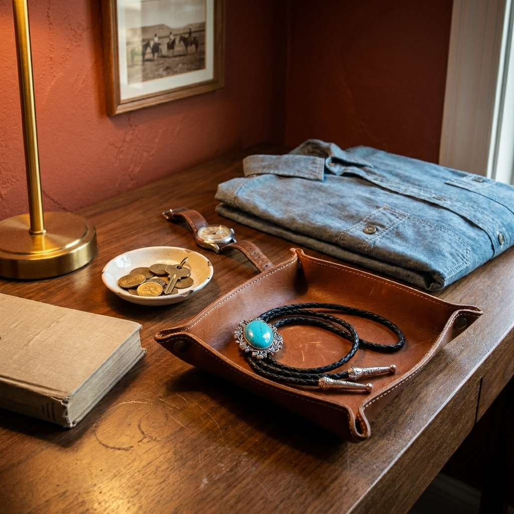 Lifestyle image of vintage Western bolo tie in workshop setting showing black rope chain and geometric pendant with oval stone