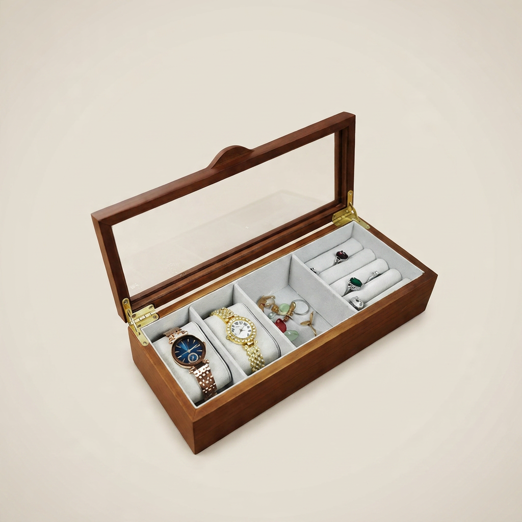 Front view of watch and jewelry octagonal box in oak tone with glass lid in ambient room