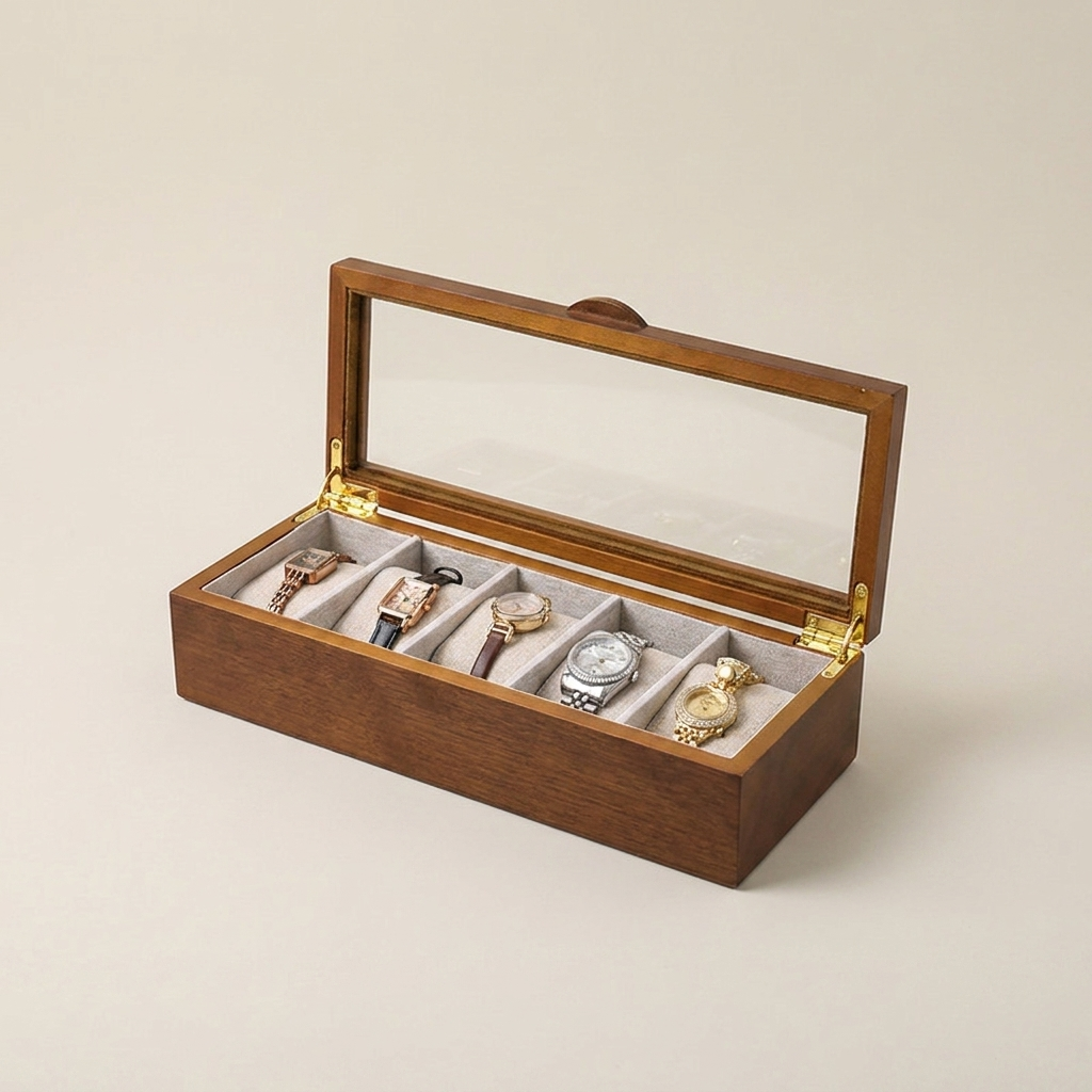 Three-quarter view of watch octagonal jewelry box in oak tone with glass lid
