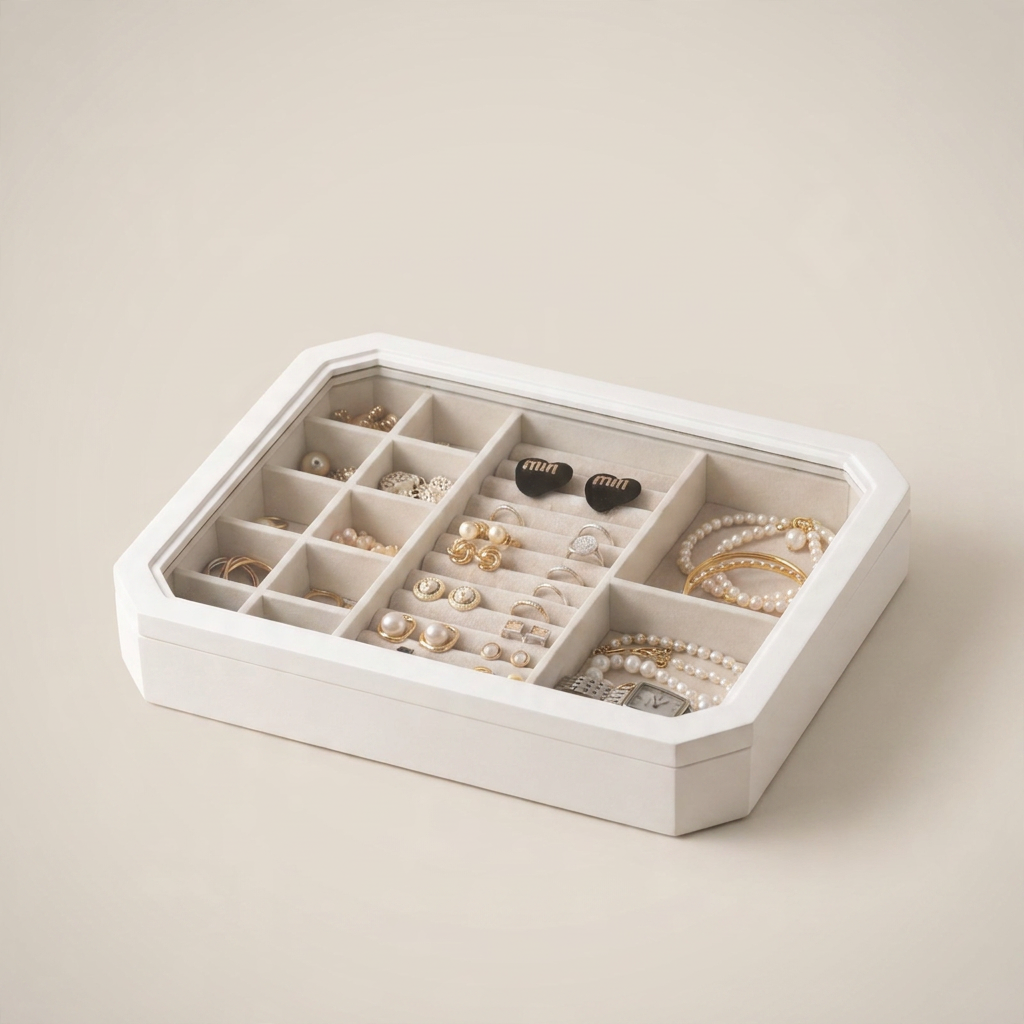 Three-quarter view of white octagonal jewelry box with glass lid in ambient room