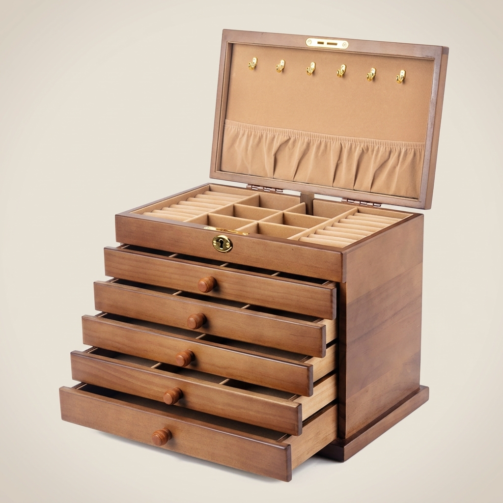 Vintage Solid Wood Glossy 6-Layer Full Lock Jewelry Box