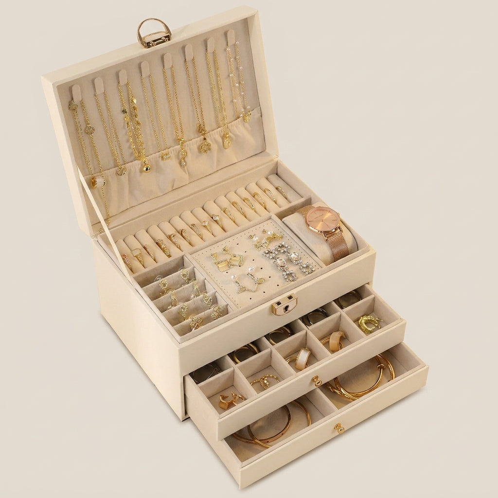 PU Leather Diamond Quilted Three-Layer Drawer Jewelry Box