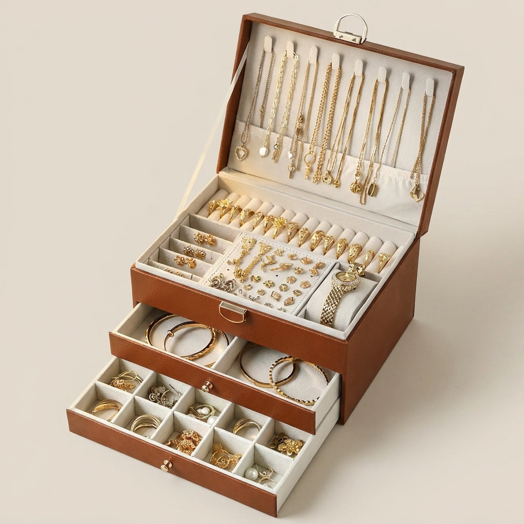 PU Leather Diamond Quilted Three-Layer Drawer Jewelry Box