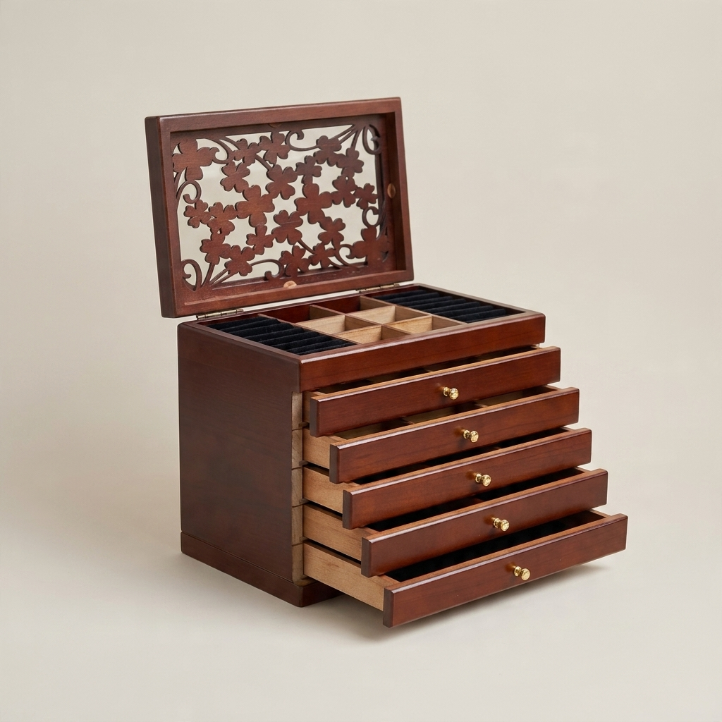 Walnut Wood Rectangular Chinese Retro Lockable Jewelry Box with Velvet Interior