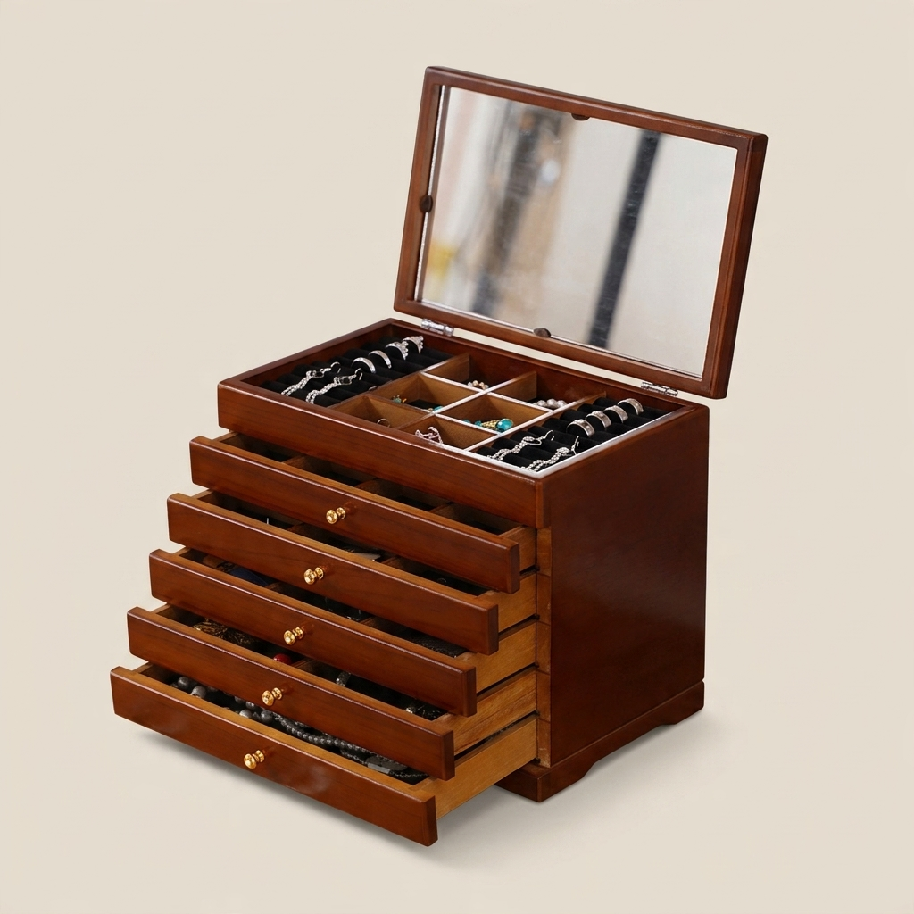 Walnut Wood Rectangular Chinese Retro Lockable Jewelry Box with Velvet Interior