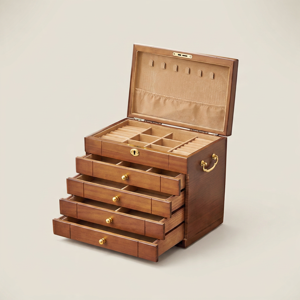 Walnut Wood Rectangular Chinese Retro Lockable Jewelry Box with Velvet Interior