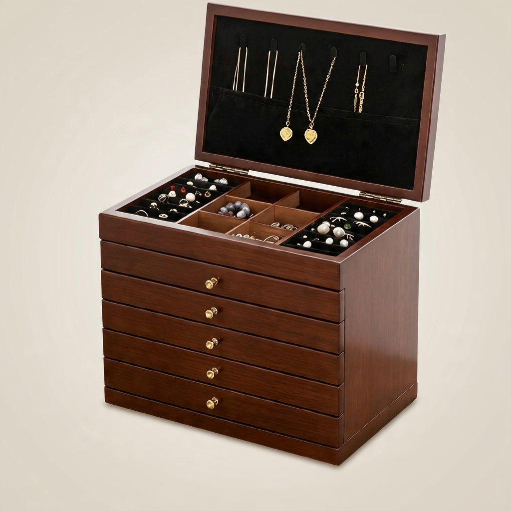 Walnut Wood Rectangular Chinese Retro Lockable Jewelry Box with Velvet Interior
