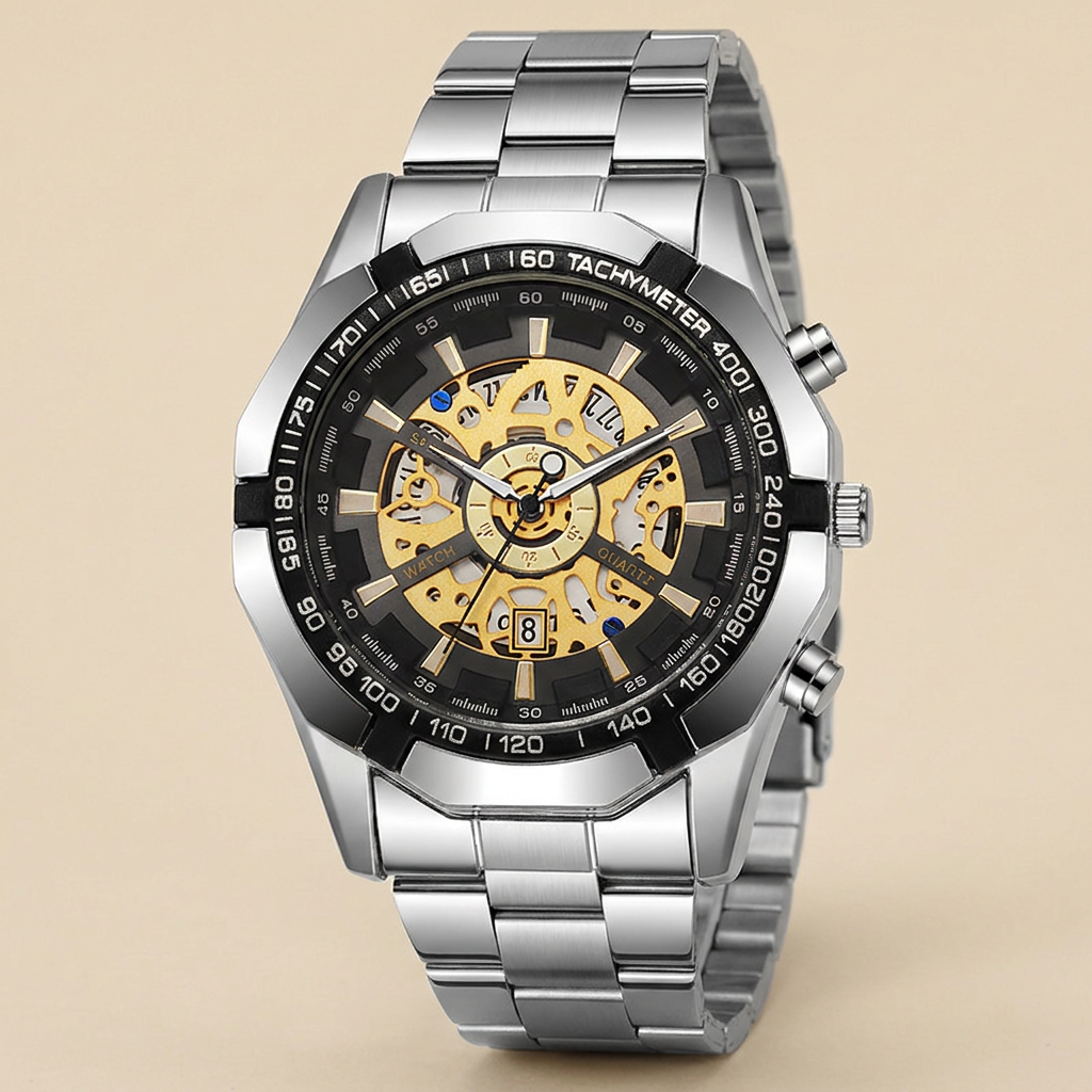 Alloy Round Skeleton Quartz Calendar Chronograph Wrist Watch