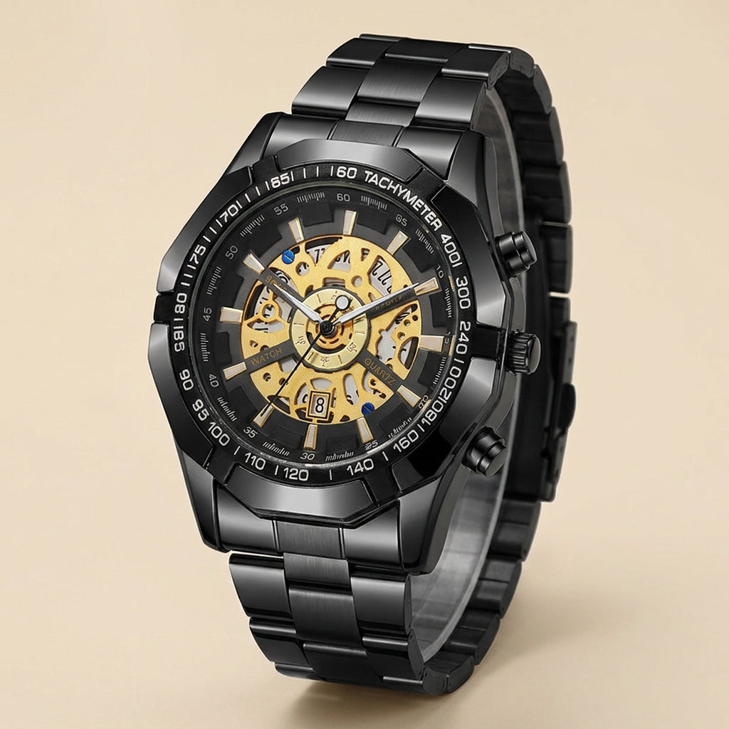 Alloy Round Skeleton Quartz Calendar Chronograph Wrist Watch