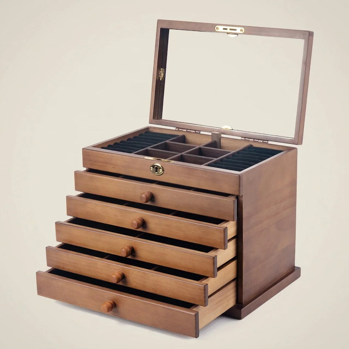 Vintage Solid Wood Glossy 6-Layer Full Lock Jewelry Box