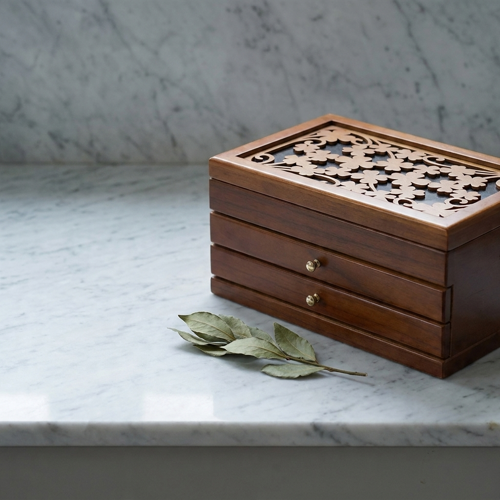 Lifestyle scene — Walnut Wood Rectangular Chinese Retro Lockable Jewelry Box with Velvet Interior