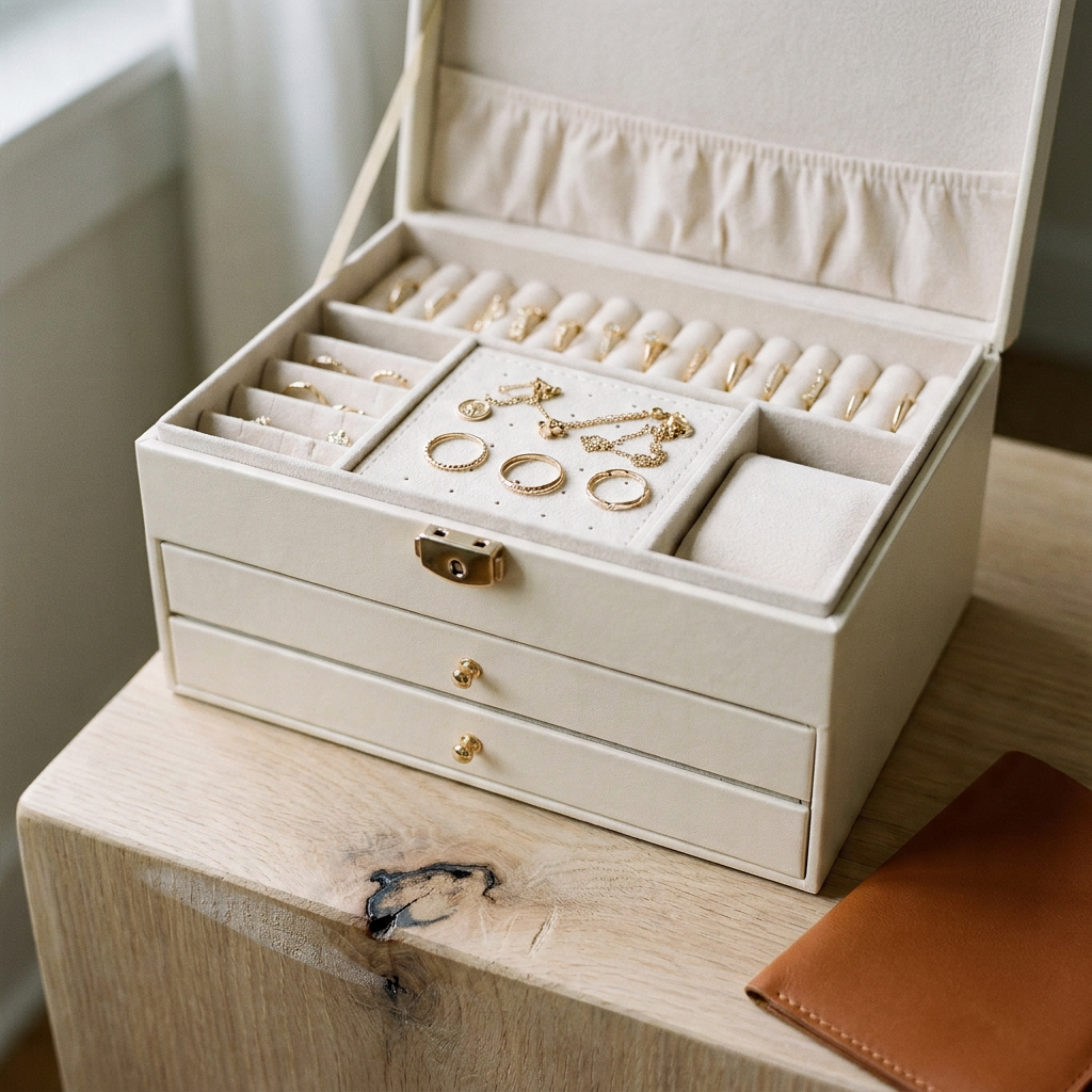 Lifestyle scene — PU Leather Diamond Quilted Three-Layer Drawer Jewelry Box