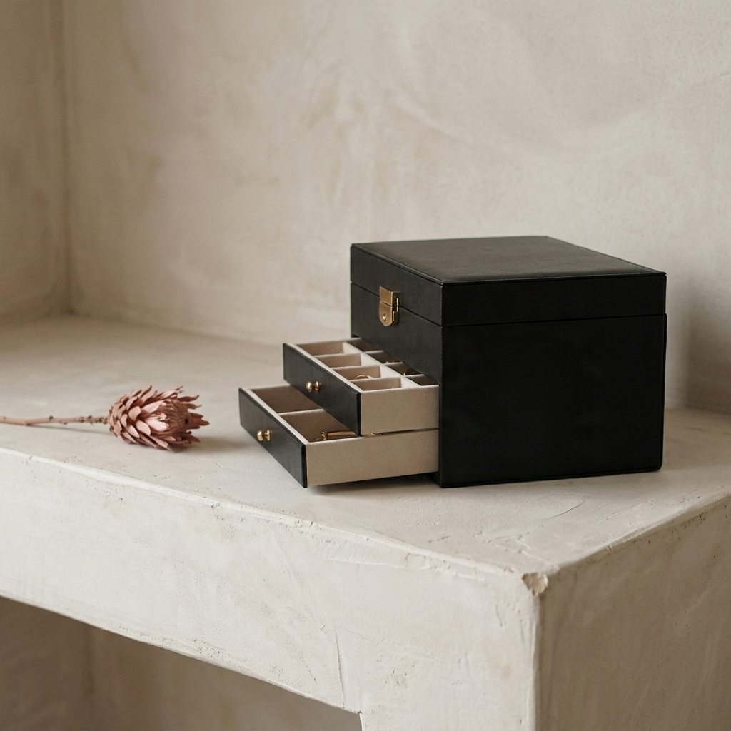 Lifestyle scene — PU Leather Diamond Quilted Three-Layer Drawer Jewelry Box