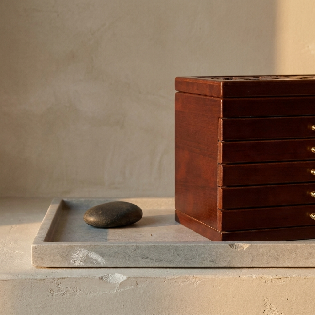Lifestyle scene — Walnut Wood Rectangular Chinese Retro Lockable Jewelry Box with Velvet Interior