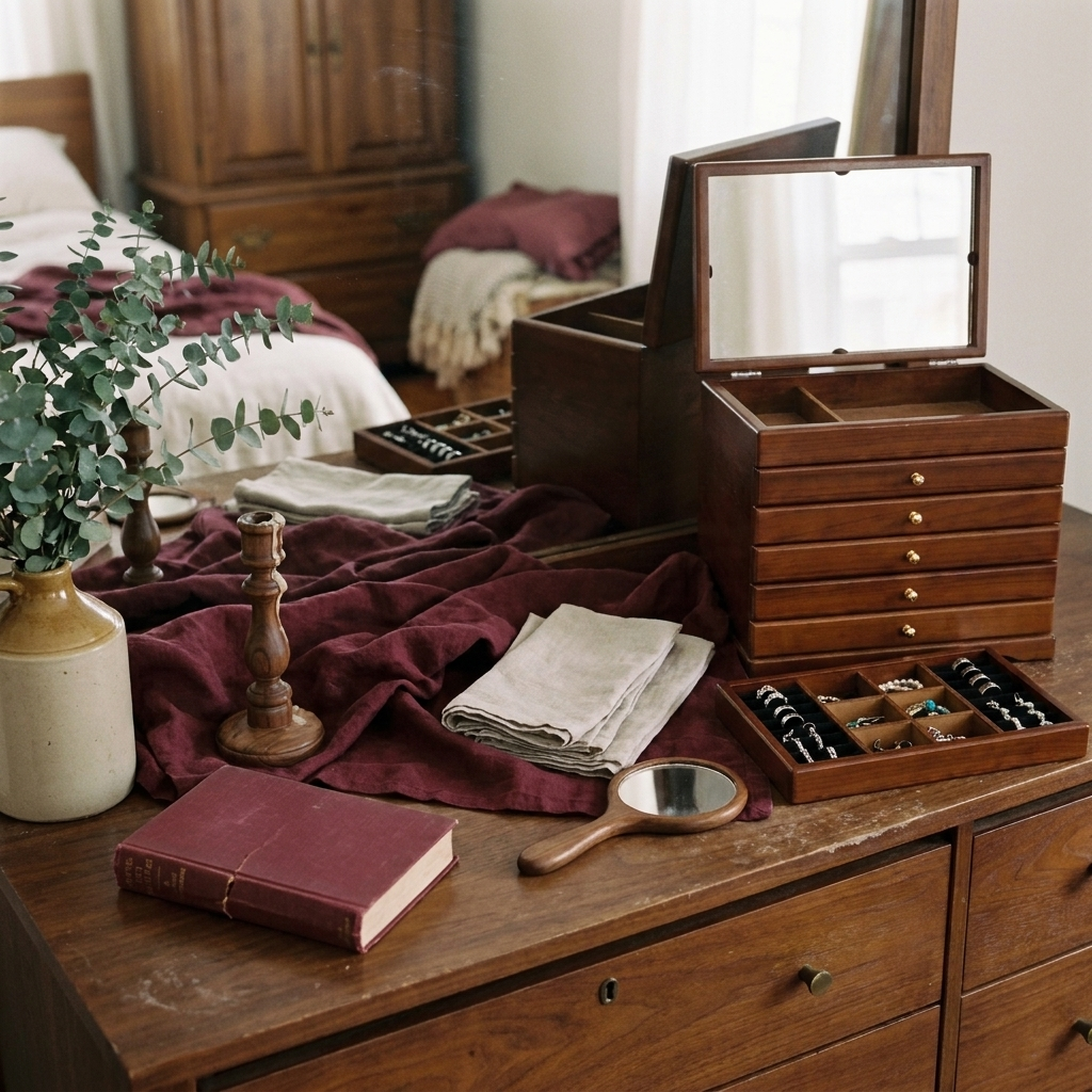Lifestyle scene — Walnut Wood Rectangular Chinese Retro Lockable Jewelry Box with Velvet Interior