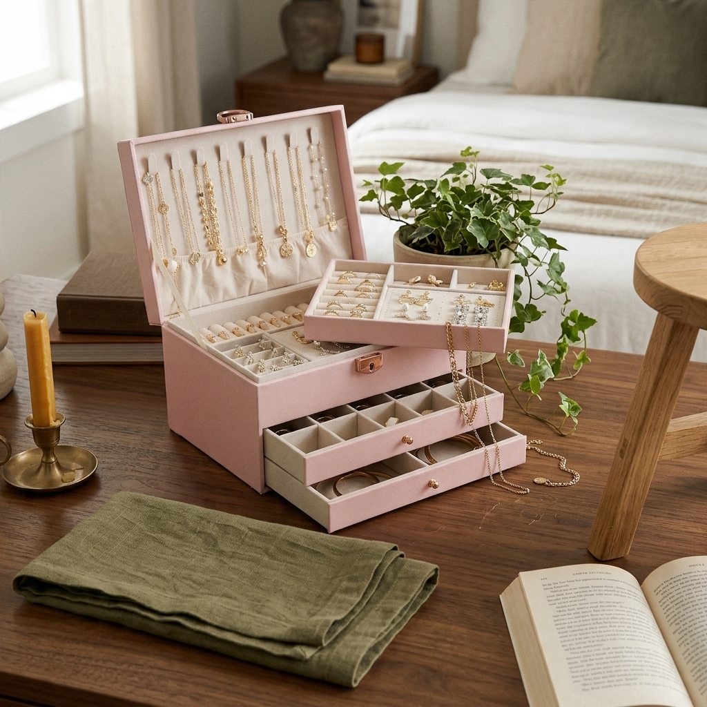 Lifestyle scene — PU Leather Diamond Quilted Three-Layer Drawer Jewelry Box