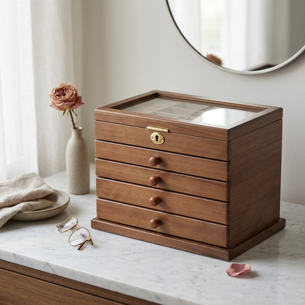Lifestyle scene — Vintage Solid Wood Glossy 6-Layer Full Lock Jewelry Box